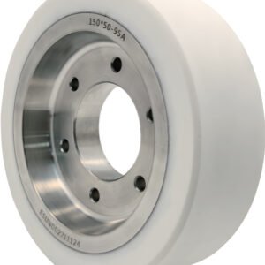 Precision-machined flange-mount PU drive wheel for direct motor coupling.