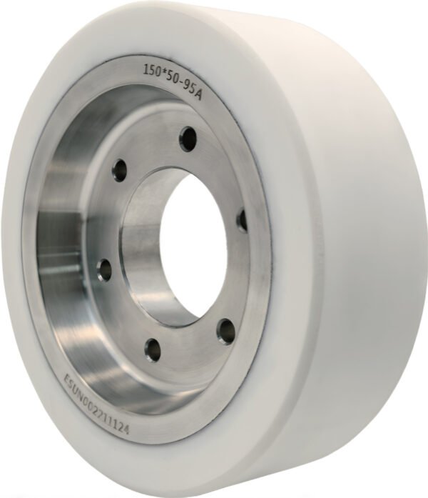 Precision-machined flange-mount PU drive wheel for direct motor coupling.