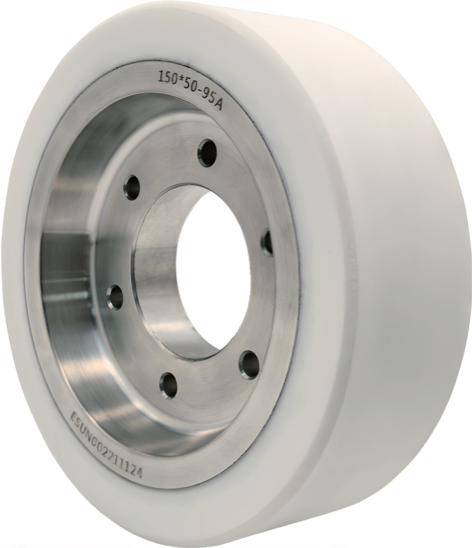Precision-machined flange-mount PU drive wheel for direct motor coupling.