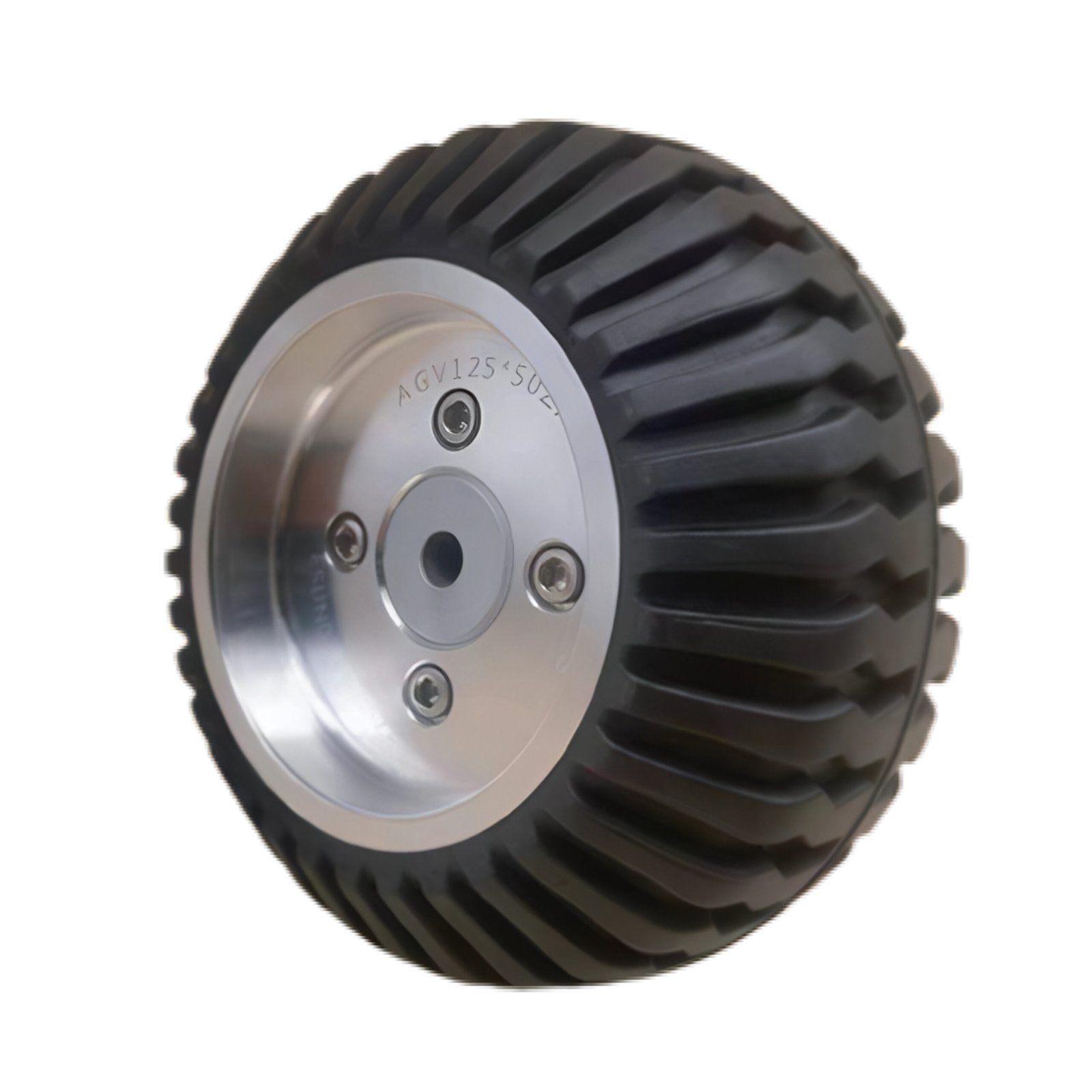 High-grip rubber drive wheel with a specialized tread profile for tube and pipe inspection robots.