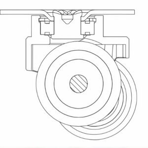 Diagram showing how the YZ01510 triple-wheel castor maintains contact while crossing a floor gap.