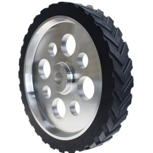 High-friction rubber drive wheel for service robots, featuring a non-marking tread and precision aluminum hub.