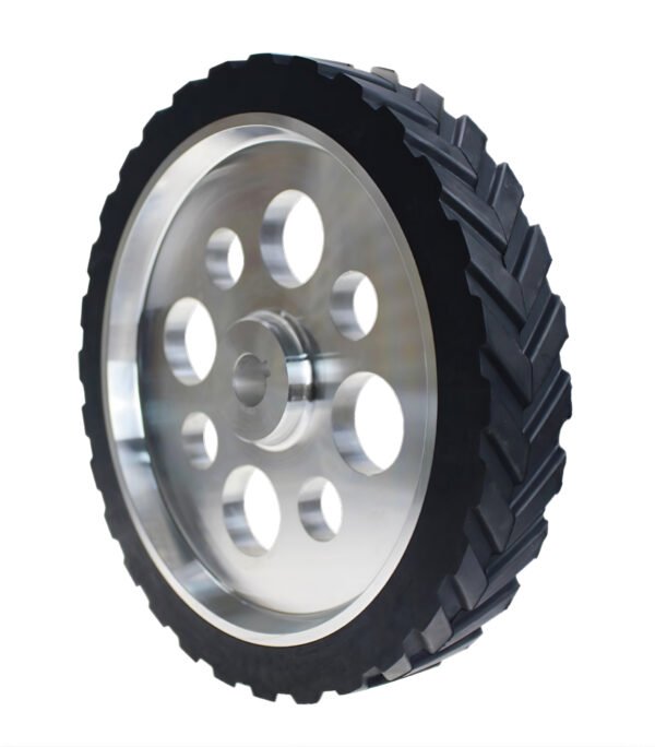 High-friction rubber drive wheel for service robots, featuring a non-marking tread and precision aluminum hub.