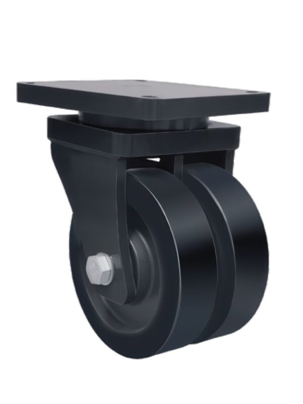 JQR010310 super-duty AGV castor with 4500kg load rating, twin-wheel design, and precision ball-bearing swivel head.