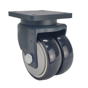 JQR06210 twin-wheel AGV castor with 500kg capacity, thread guards, and precision ball-bearing swivel head.