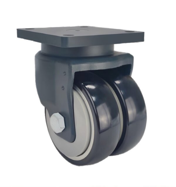 JQR06210 twin-wheel AGV castor with 500kg capacity, thread guards, and precision ball-bearing swivel head.