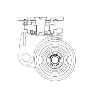 Internal engineering diagram of the JQR18310 shock-absorbing AGV castor showing heavy-duty spring architecture.