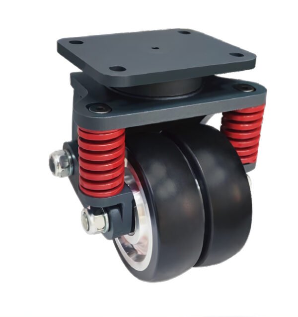 JQR18310 medium-heavy shock-absorbing AGV castor with 900kg load capacity and reinforced spring system.