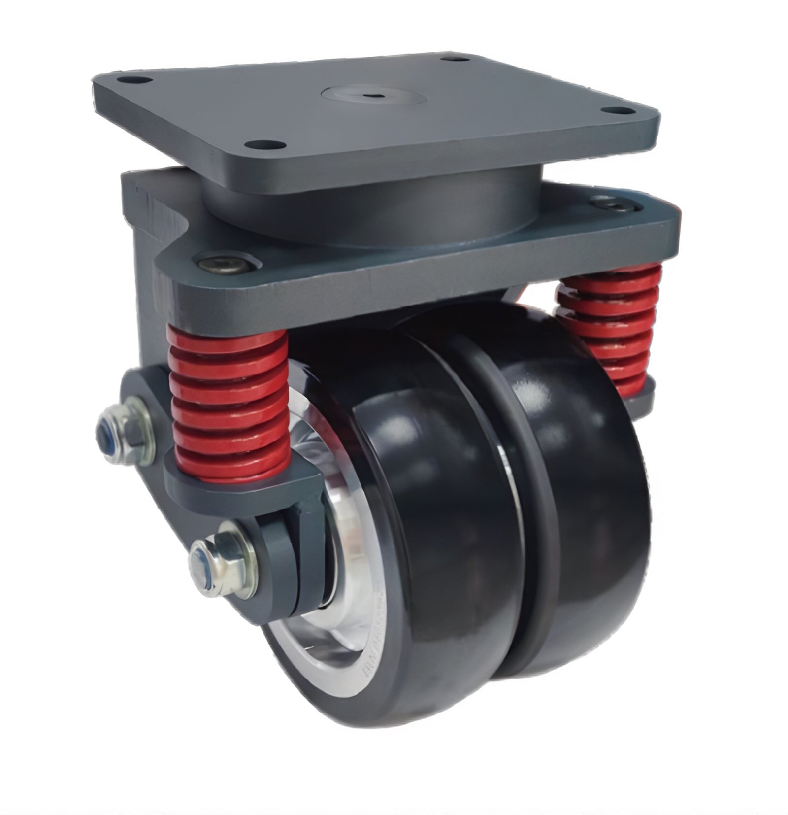 JQR19310 heavy-duty shock-absorbing AGV castor with 2000kg load capacity and reinforced spring system.