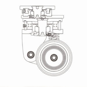 Internal engineering diagram of the JQR19310 super-heavy AGV castor showing separated dual-pivot bearings.