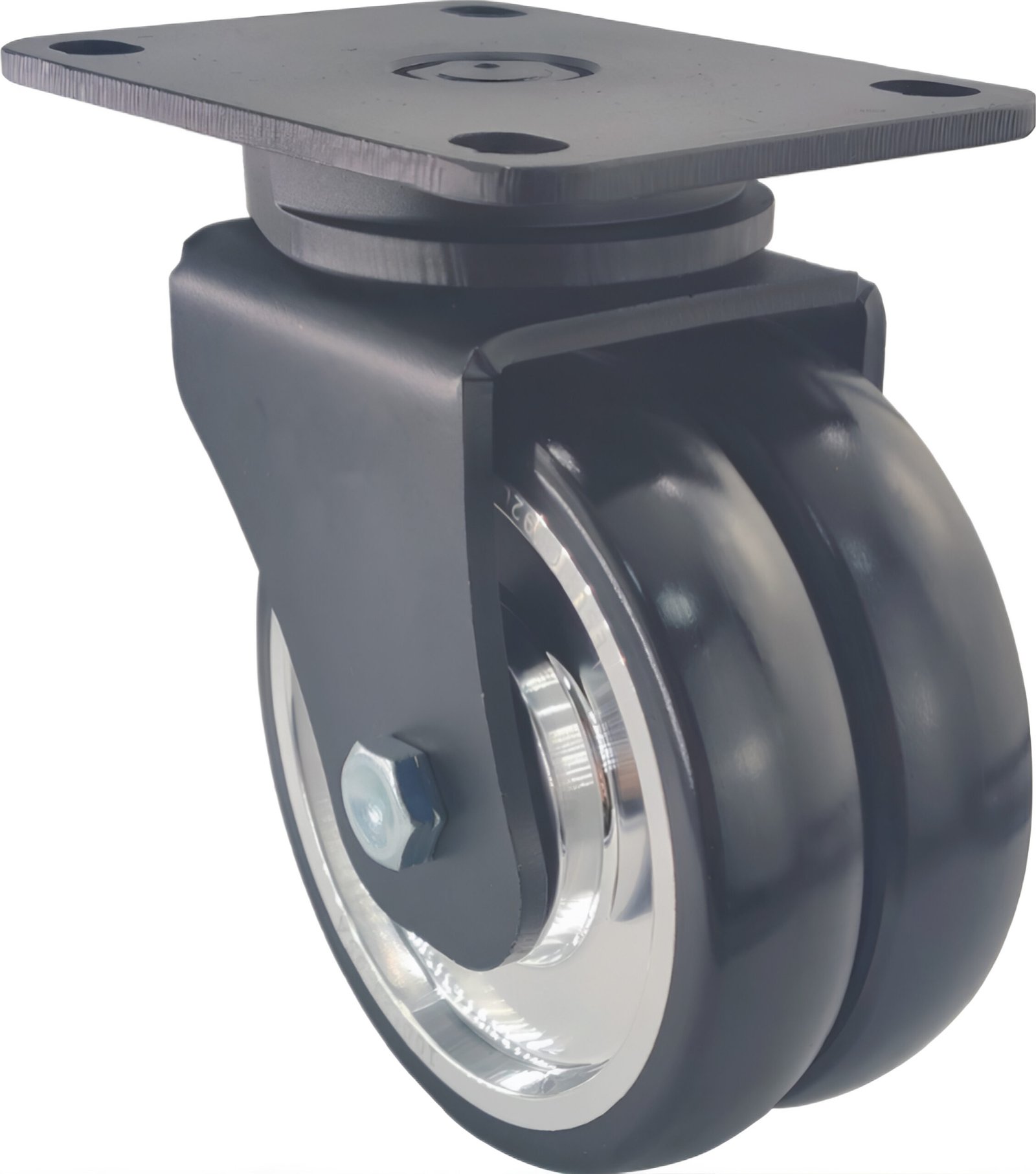 SH05210 light-duty double swivel castor for AGV/AMRs, featuring high-rebound polyurethane wheel and dual-pivot swivel housing.