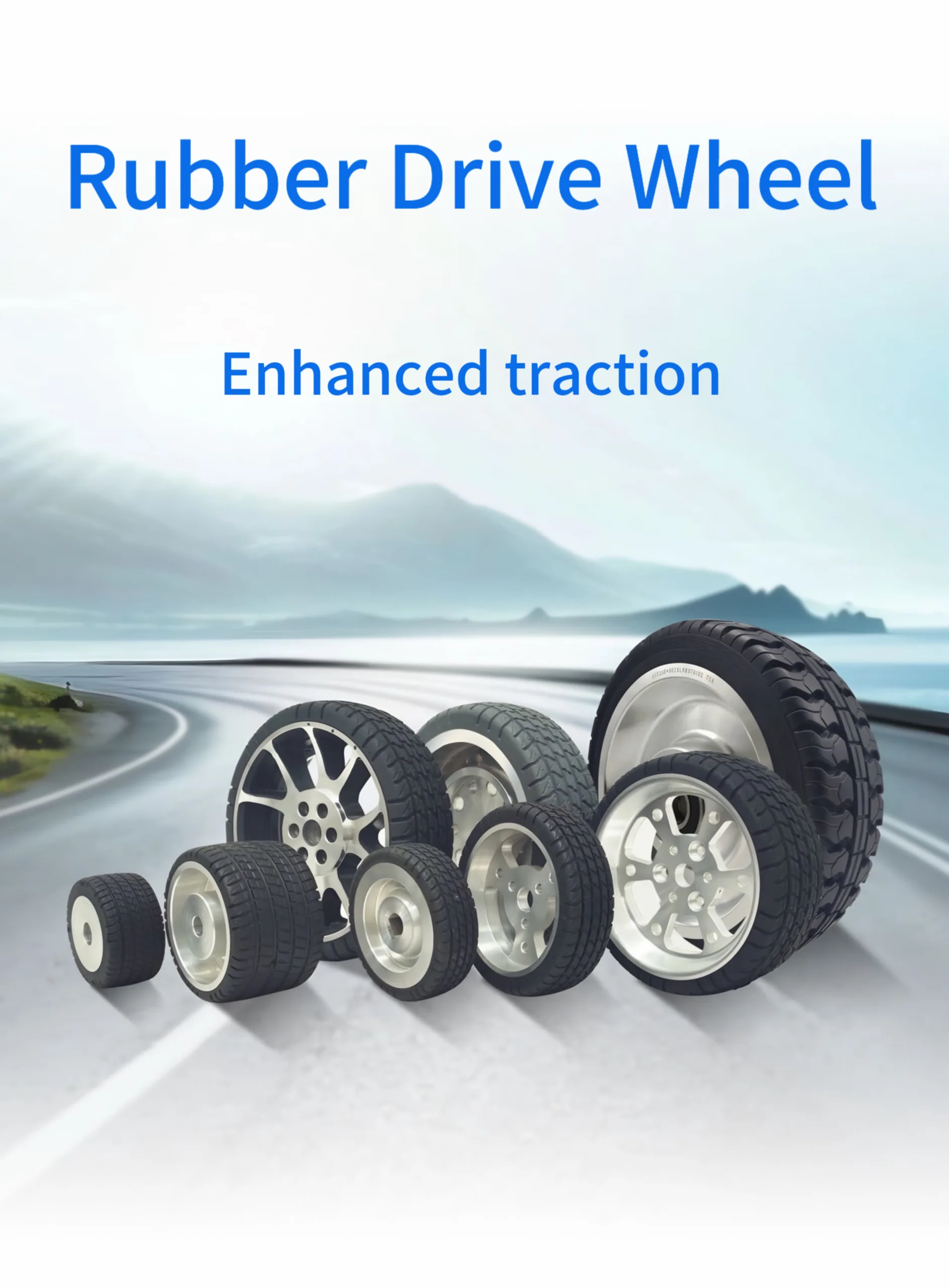 A professional display of Ubetter rubber drive wheels featuring high-grip compounds and customized hub designs for silent operation and superior traction on varied floor surfaces.