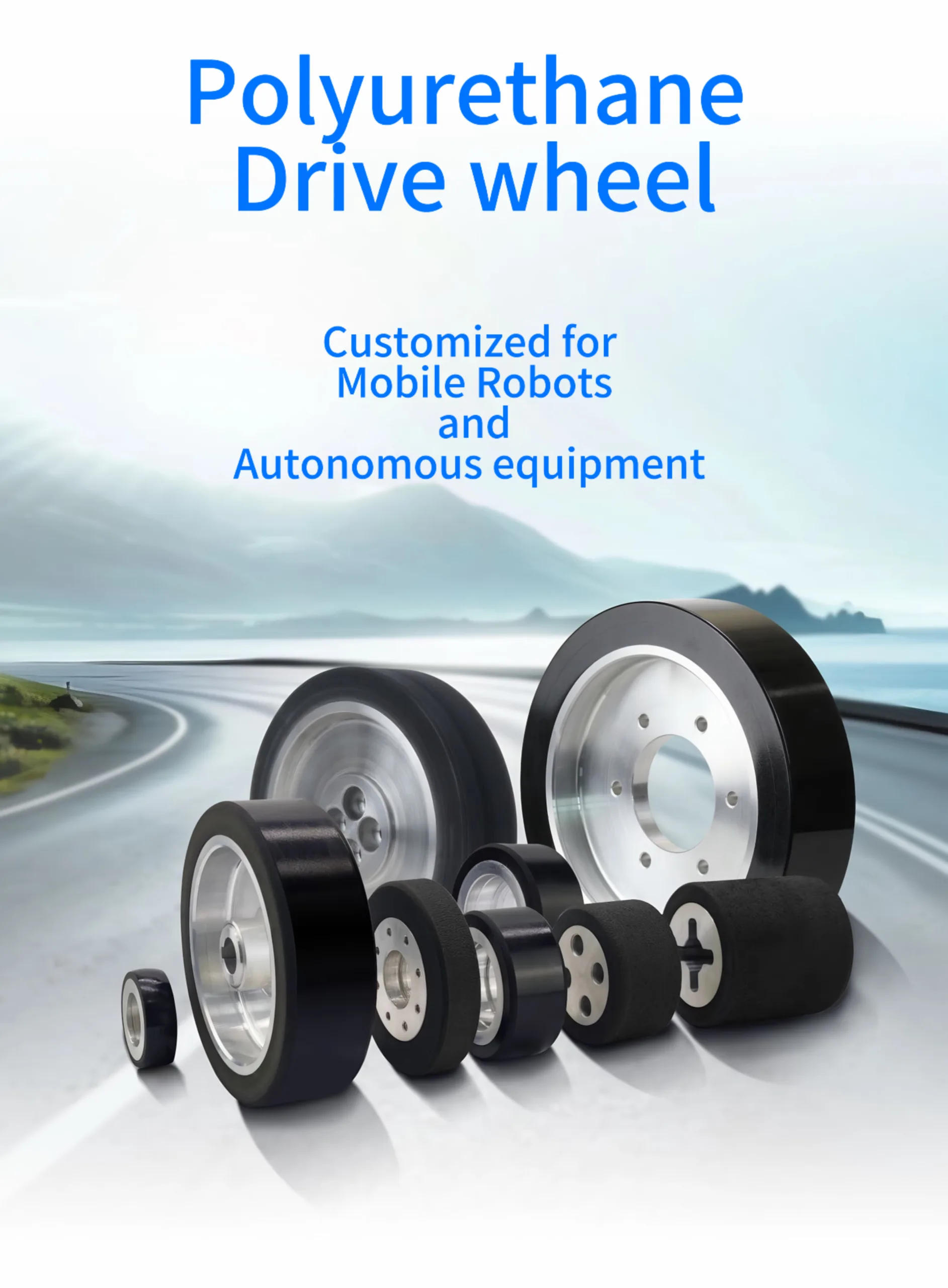 A comprehensive display of Ubetter polyurethane wheels, including high-torque drive wheels, heavy-duty load wheels, and precision guide wheels with flexible customization options.