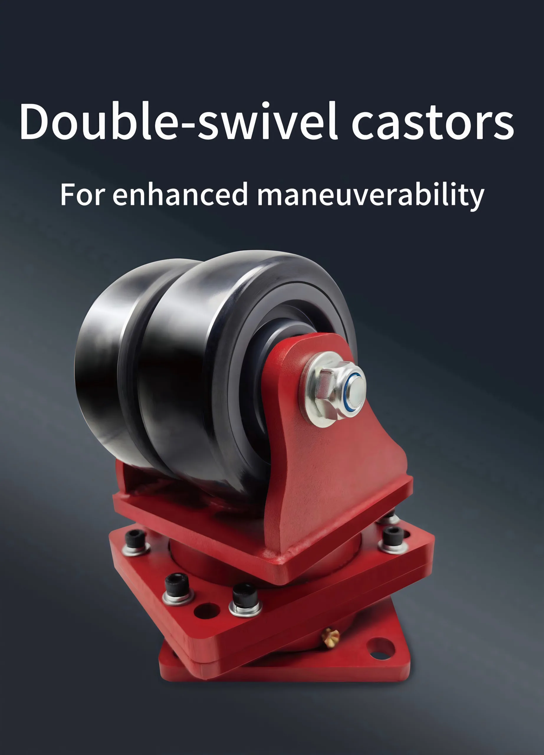 Close-up technical view of Ubetter double-swivel castors featuring a dual-axis rotation design for ultra-low starting torque and effortless AMR pivoting.