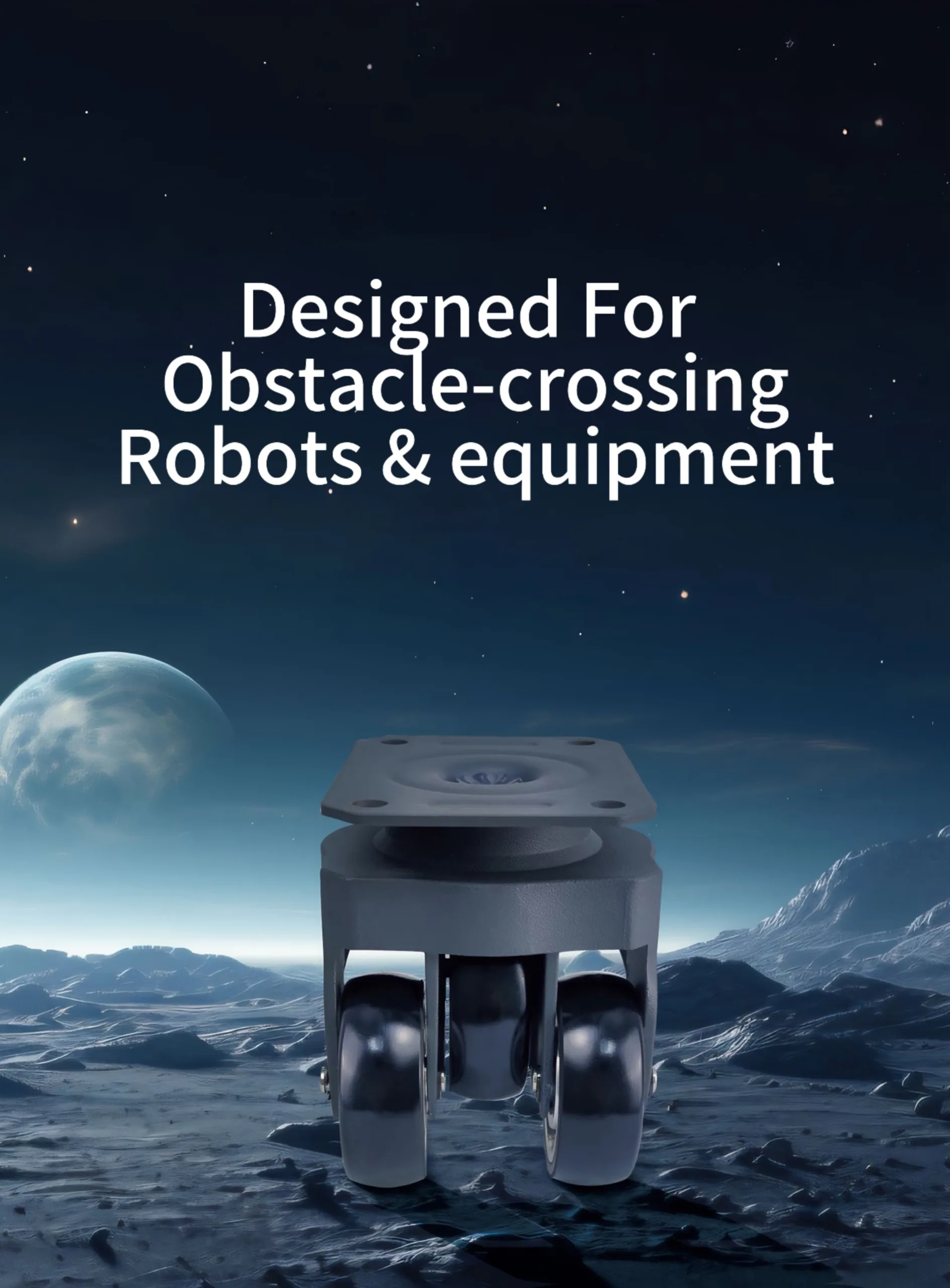 Ubetter specialized 3-wheel castor designed for AMRs to cross floor gaps, elevator thresholds, and small obstacles with continuous ground contact and stability.