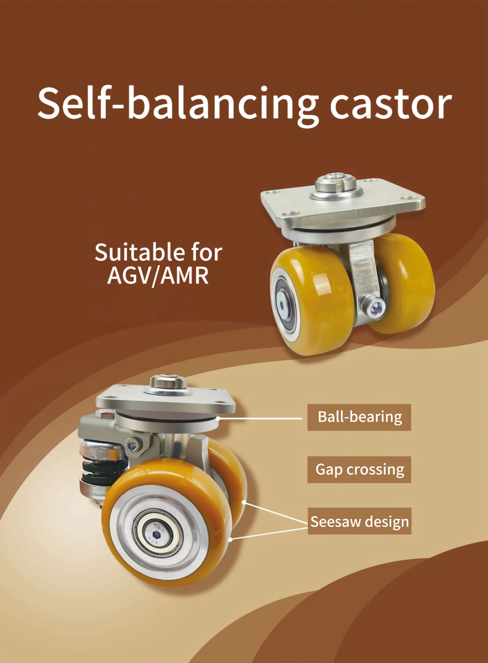 Ubetter self-balancing robot castor featuring a seesaw rocker arm design to ensure continuous ground contact and chassis stability on uneven industrial floors.