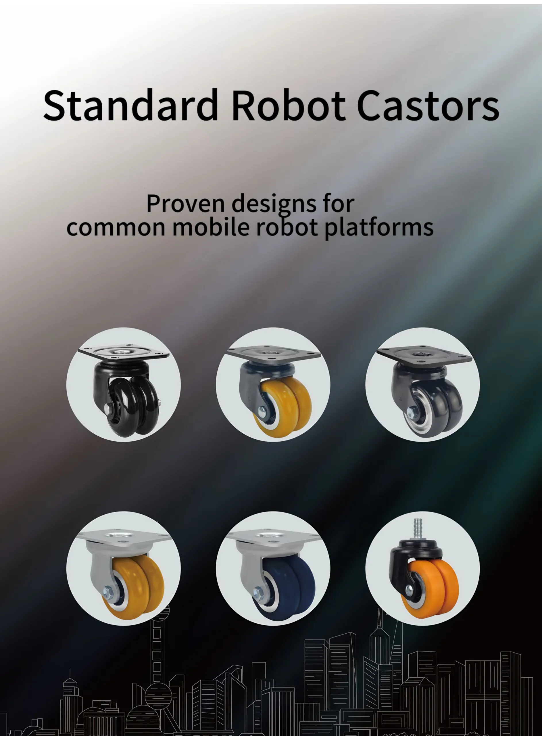 Technical shot of Ubetter twin-wheel differential castors featuring integrated thread guards and anti-tangling technology for smooth AMR steering and maintenance-free operation.